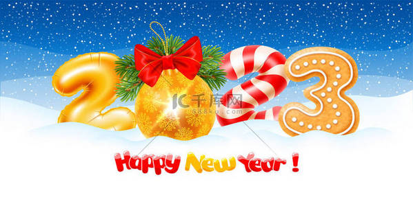 golden背景图片_Merry Christmas and Happy New Year 2023. Greeting with digits 2023 made of golden foil balloon, christmas ball, gingerbread and candy cane in the snow. Snowy landscape on the background. Vector