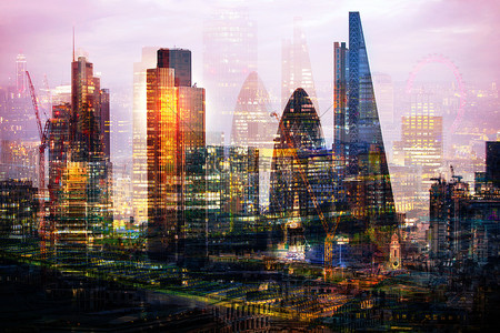英国伦敦背景图片_伦敦金融城的现代建筑，多重曝光的图片包括商务区的摩天大楼在日落时分。英国伦敦