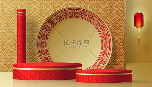 红木背景图片_五彩缤纷的圆形舞台- -中国农历新年或中秋节的中式风格- -红木瓜剪彩背景艺术与工艺- -带有亚洲元素.