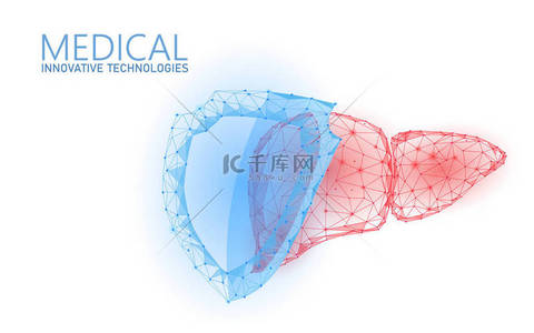 人肝3D保护盾构药物低多概念。三角红药房药店背景。补充恢复重建载体图
