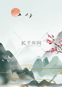 日本旅游粉色背景图片_粉色梅花红日与小鸟水墨山峰背景