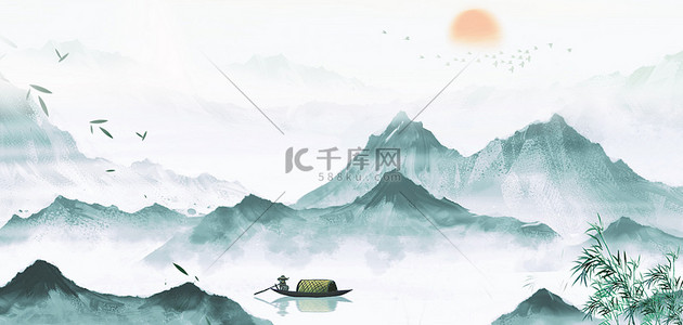 春季背景图片_中国风山水渔船水墨古风清明节海报背景