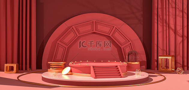 红金色舞台背景图片_C4D几何体红色系3D空间感