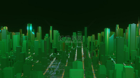 数字 3D 渲染城市。光迹象征着在现代城市中旅行的数据。流动数据粒子和随机形状