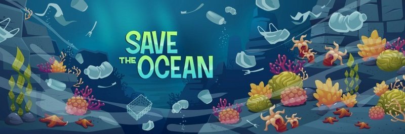 拯救带有漂浮塑料垃圾的水下海洋景观的海洋海报。