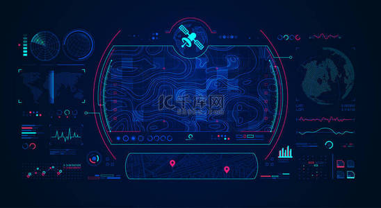 蝙蝠和雷达背景图片_具有数字雷达接口的卫星地形图，通信技术概念