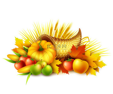 水果矢量图背景图片_插图的感恩节聚宝盆充满收获的水果和蔬菜。秋天的问候设计。秋天的丰收庆典。南瓜和叶子。矢量图