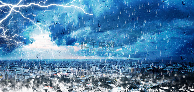 雷电城市背景图片_创意城市暴雨深色大气背景