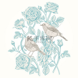 卡底纹背景图片_带着玫瑰和鸟卡.