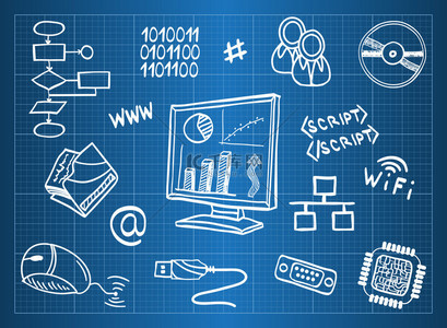 信息技术背景图片_蓝图的计算机硬件和信息技术符号