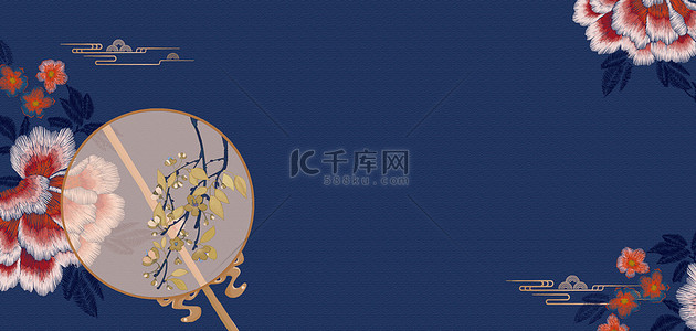 刺绣茶杯垫背景图片_文化传承刺绣深蓝色中国风海报背景