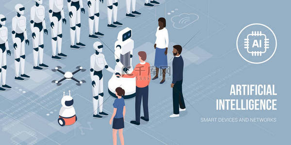 和机器人握手背景图片_商务人士团队与艾机器人见面, 握手: 创新和人工智能概念