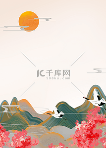 旅游海报设计背景图片_花朵与太阳水墨山峰背景