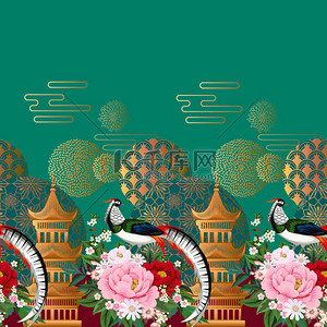 中式牡丹背景图片_美丽的无缝边境，珠鸡栖息在牡丹枝头上，盛开的樱花、李子和雏菊为中式夏装