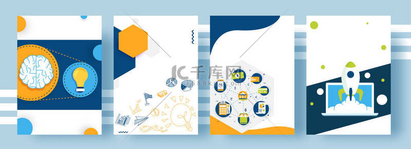 创业模板背景图片_四不同风格的封面页面在抽象蓝色背景下的设计创业或教育概念, 可用作模板、传单或小册子.