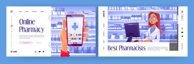 在线申请背景图片_在线药学卡通登陆页面，手持智能手机，申请在互联网上订购药品。药剂师在药店附近的货架上放着药丸，药品，病媒网页横幅