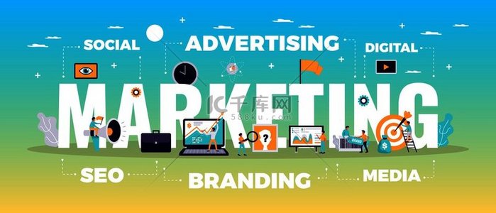 数字营销概念与在线广告和媒体符号平面矢量图