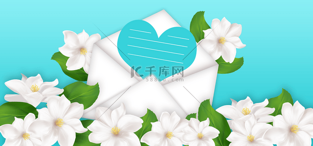 绿色信封背景图片_光效茉莉花爱心信封花朵背景