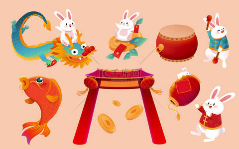 兔子喜庆兔子灯笼背景图片_2023 CNY元素集。包括骑在龙背上的喜庆兔子、鼓手和穿着传统服装、鼓、灯笼、鲤鱼、硬币和传统拱门，以浅橙色背景隔开.