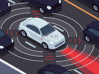 汽车自主驾驶技术。汽车辅助与交通监控系统矢量概念