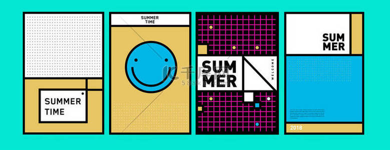 迎新海报背景图片_夏季彩色海报设计模板。集夏季销售背景和插图。夏季活动海报和横幅的简约设计风格 