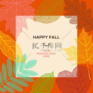 快乐秋天秋天的落叶与简单的文本，矢量图模板.