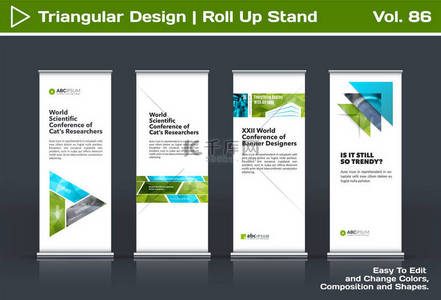 抽象业务向量组的现代滚起横幅站与五颜六色的三角形的设计模板