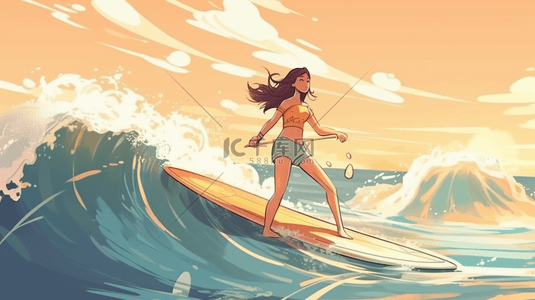 卡通手绘夏天唯美海边冲浪女生风景背景