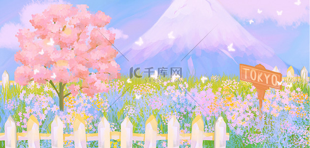 花朵蓝天背景图片_春季海报花朵山川