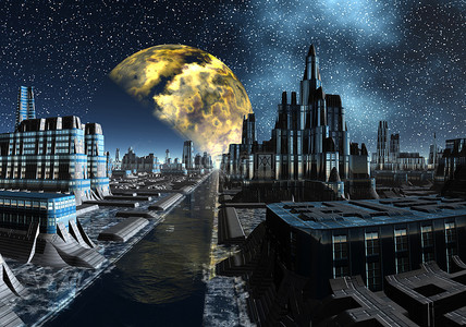 元宇宙城市背景图片_繁星满天的夜晚，在外星城市-科幻场景第 3 部分