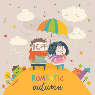 可爱的夫妇，用一把伞在秋天的雨