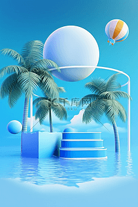 夏天3D电商促销展台水池蓝色