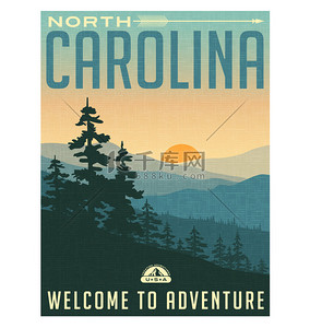 复古风格旅行海报或贴纸。美国北卡罗莱纳州。大烟山