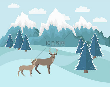 平面矢量图背景图片_冬季山地景观背景。平面矢量图与鹿。蓝色.