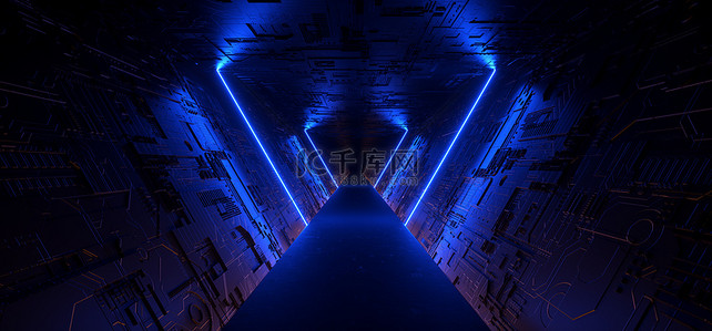 Neon Cyber Blue Glowing Vibrant Sci Fi Futuristic Tunnel Corridor Alien Spacship Dark Night Empty Triangle Schematic Motherboard Texture Cyber Technology 3D渲染图解