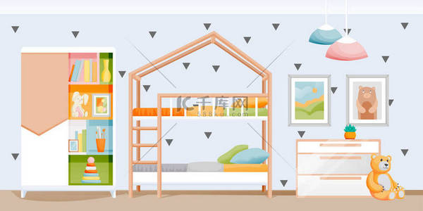 现代轻便儿童卧室，有双层床、衣柜和玩具。儿童室内游戏室。矢量平面卡通画.当代家庭背景。住房家具设计要素