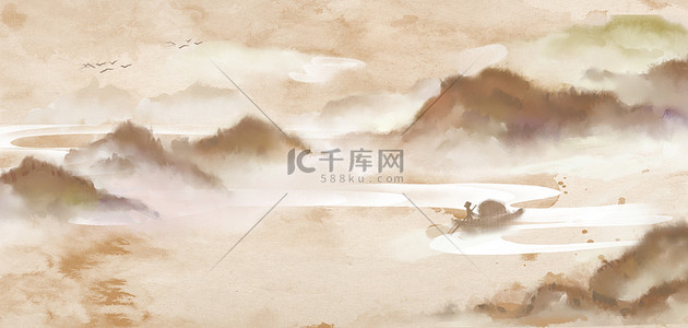 山水卷轴背景图片_卷轴山水卷轴棕色中国风背景