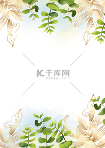 植物花瓣树叶背景图片_水墨风格金色线稿植物背景