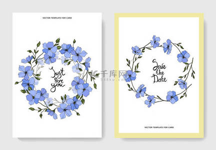 婚礼花卉装饰背景图片_向量。蓝色亚麻花。雕刻的艺术。带有花卉装饰边框的婚礼卡片。谢谢你, rsvp, 邀请优雅的卡片插图图形集.