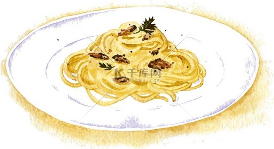 美食盛宴背景图片_意大利面条 carbonara 画的水彩