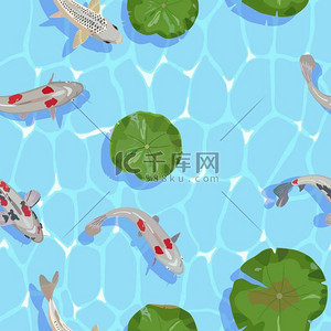 荷叶鱼背景图片_无缝图案与鲤鱼鱼和荷叶在水上的形象。矢量插图.