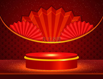 Vector Chinese new year illustration with stage and asian elements on red shine background