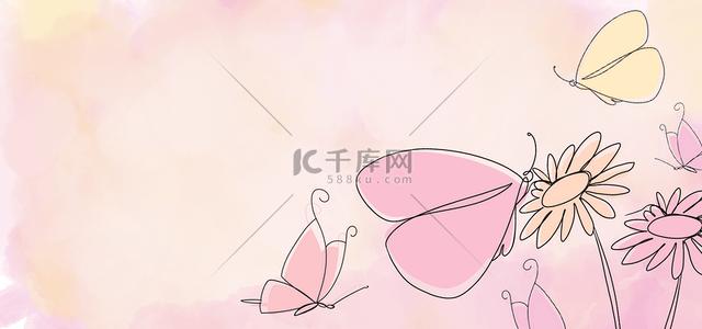 粉色水彩创意背景背景图片_蝴蝶线条粉色花纹装饰背景