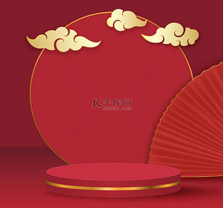 特色产品背景图片_农历新年，金台以手纸扇形的红色抽象背景为模型展示中国特色产品，3D渲染.