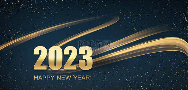 闪光框背景图片_2023新年快乐，带着抽象闪亮的金色涡旋设计元素和深色背景下的闪光效果。圆框日历，招贴画设计