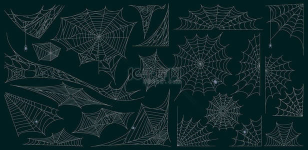 万圣节蜘蛛网。蜘蛛网奇形怪状的装饰之间,可怕的撕破蜘蛛网符号矢量图集.蜘蛛网轮廓要素