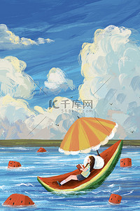 夏天大海蓝色卡通插画背景