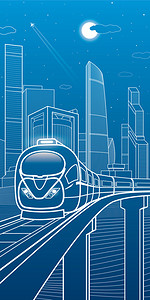 白蓝色背景图背景图片_火车在桥上移动。商务中心、 建筑、 运输和城市图、 霓虹城市、 白线组成，摩天大楼和塔，矢量设计艺术