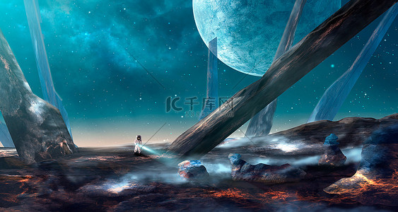 星云元素背景图片_空间场景。宇航员在熔岩土地上的大穗。蓝色星云与行星。由 Nasa 提供的元素。3d 渲染