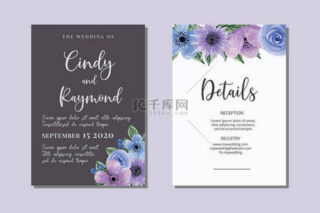 婚宴请贴框、花色手绘花色设计请柬背景紫色模板